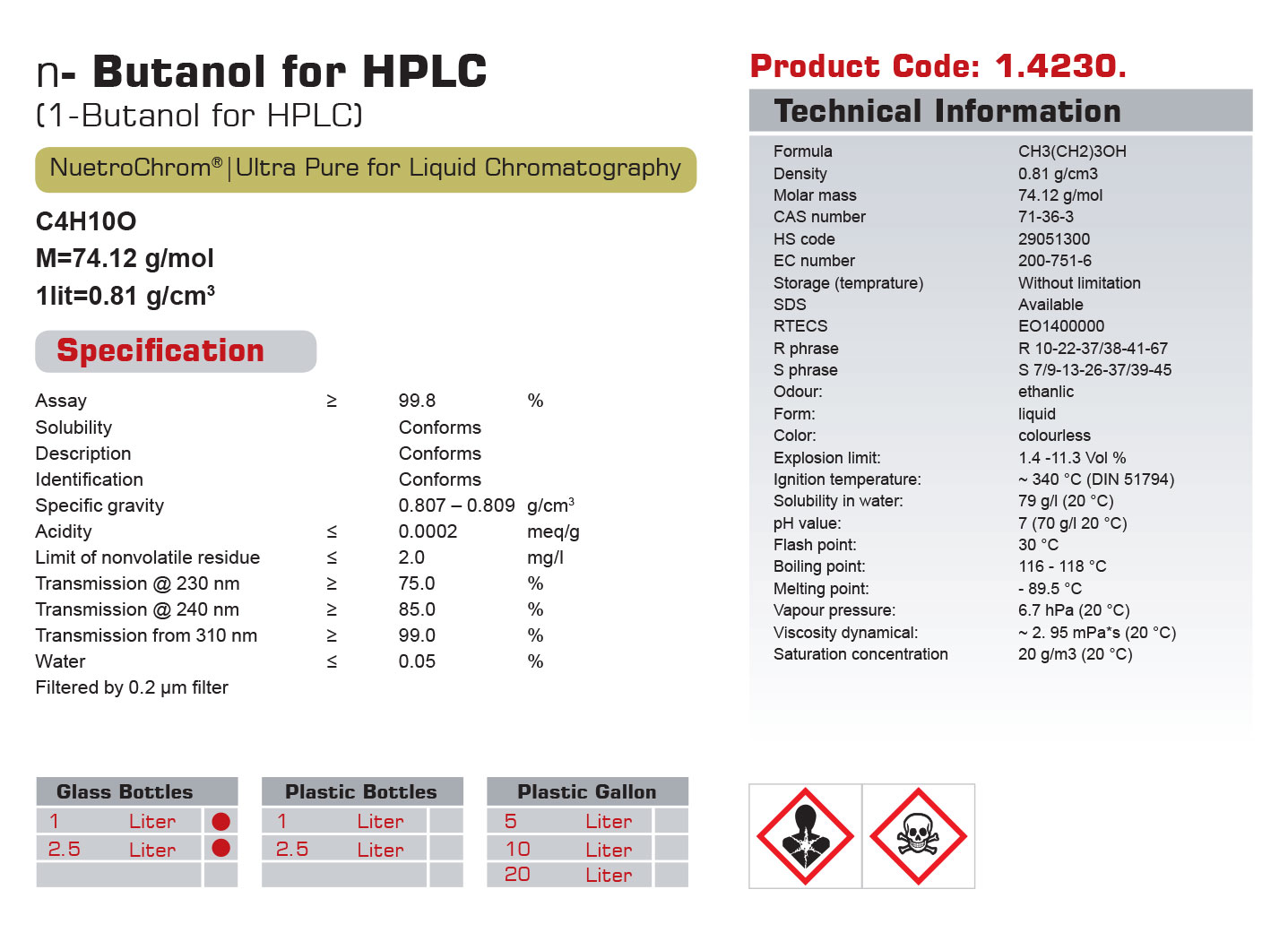N-بوتانول گرید HPLC نوترون (کدN)